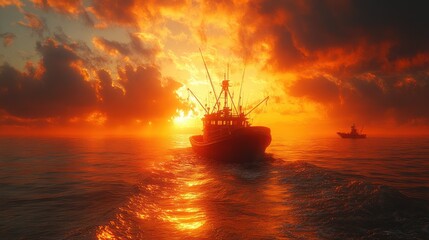 A silhouette of a fishing boat sailing towards the horizon at sunset, with a second boat in the distance. The sky is a fiery orange and red, with dramatic clouds.