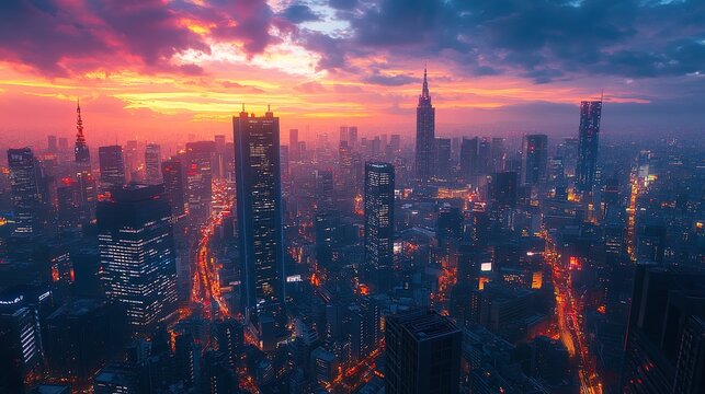 Skyscrapers creating a dramatic city skyline beneath a glowing sunset horizon wallpaper