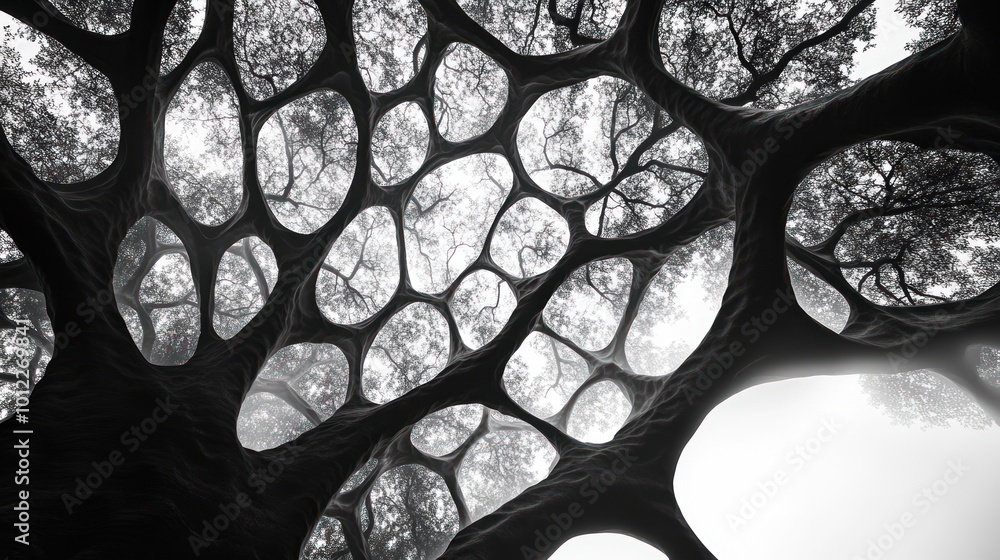 Poster abstract black and white image of a tree's branches forming a pattern of interconnected shapes.