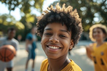 A close-up photo of a happy teenager with curly hair holding a basket ball, surrounded by friends outdoors.