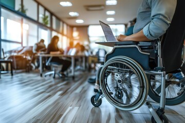 Obraz premium A close-up photo of a person in a wheelchair using a laptop in a modern office setting.