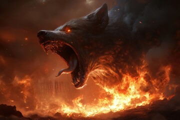 A huge demonic wolf with glowing eyes emerges from flames and smoke, symbolizing terror and power, while surrounded by an apocalyptic fiery landscape.