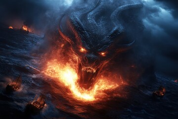 A colossal sea monster with fiery eyes rises from turbulent waters, combining mythical and terrifying elements, challenging ancient ships in a deadly confrontation.