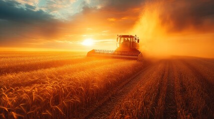 Fototapeta premium A red tractor harvests wheat in a field at sunset, kicking up dust.