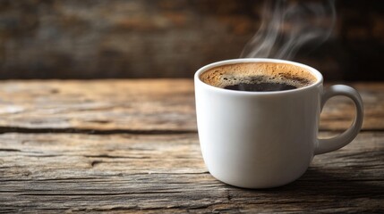 Americano coffee in a white mug, with steam rising, on a rustic wooden table generative ai