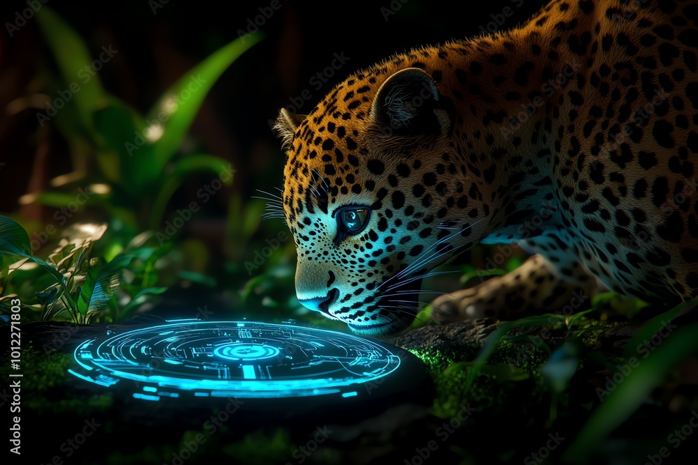 Poster a futuristic jungle where leopards are tracked with advanced digital systems, blending nature and te