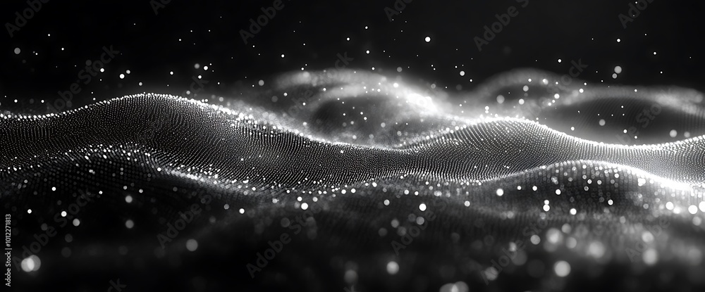 Poster abstract black and white background with particles and flowing waves.