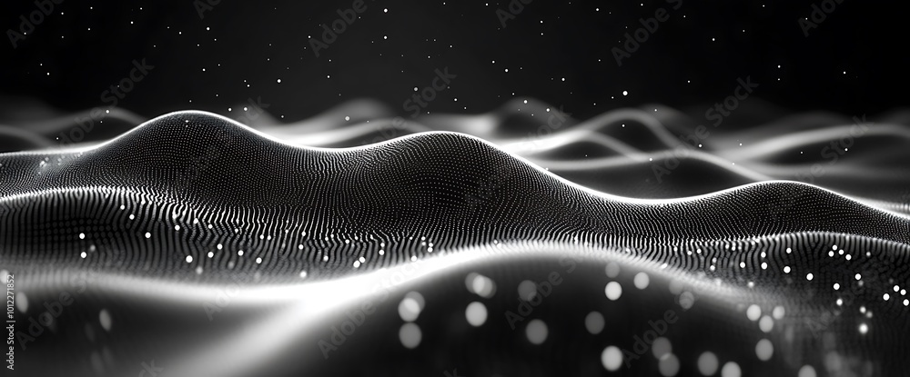 Poster abstract black and white wavy background with a textured surface and bokeh.