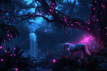 Fototapeta premium A serene scene of a unicorn resting under a breathtaking canopy of pink ethereal lights, set against the backdrop of a dense, lush forest and a waterfall.
