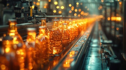 A close-up view of glass bottles moving along a conveyor belt in a factory. The bottles are illuminated by warm lights, creating a sense of motion and industry.
