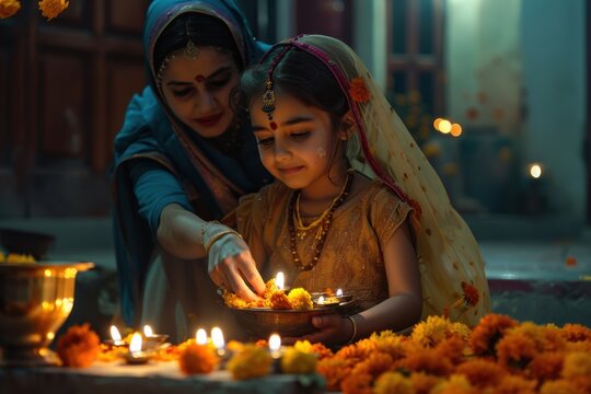 Mother and Daughter Decorating with Lamps for Bandi Chhor Divas Celebration