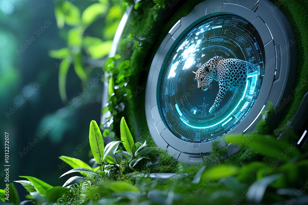 Poster a futuristic jungle where leopards are tracked with advanced digital systems, blending nature and te