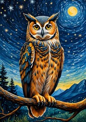 Owl Starry Night, painting illustration starry sky, decoration wall art,