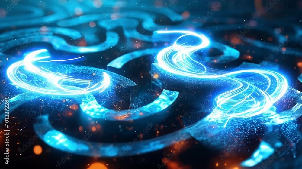 Poster abstract animation of digital money flowing through a network, creating a futuristic cyberspace envi