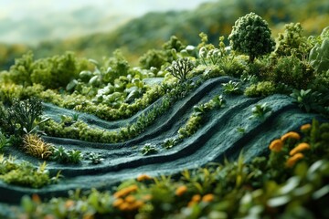A miniature model of a lush green landscape with rolling hills, trees and shrubs.