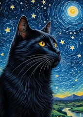 Black Cat Starry Night, painting illustration starry sky, decoration wall art,
