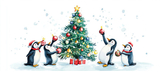 Pinguine schmücken Weihnachtsbaum – Festliche Aquarellkunst im Bannerformat
