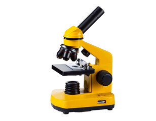 Fototapeta premium Modern yellow Microscope isolate on transparency background. medicine and research concept 