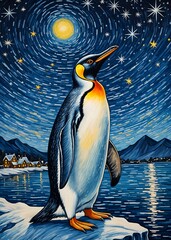 Penguin Starry Night, painting illustration starry sky, decoration wall art,