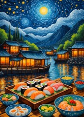 Sushi Starry Night, painting illustration starry sky, decoration wall art,