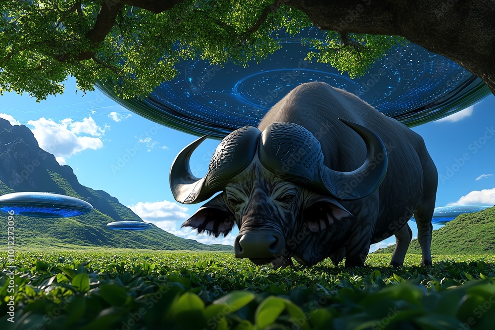 Poster a futuristic landscape where cape buffalo graze under floating energy fields, with advanced technolo