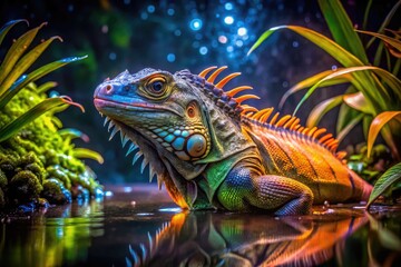 Fototapeta premium Iguana Swimming Gracefully in Clear Blue Water Surrounded by Lush Green Tropical Vegetation