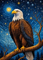 Eagle Starry Night, painting illustration starry sky, decoration wall art,