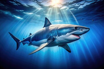 Obraz premium Illustrative Clip Art of Great White Shark Swimming in Deep Blue Ocean for Marine Life Projects