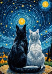 Cat in Love Starry Night, painting illustration starry sky, decoration wall art,