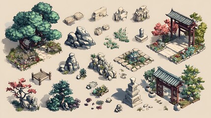 Fototapeta premium Isometric Garden Design Elements, Trees, Rocks, Gates & More for Game or Illustration