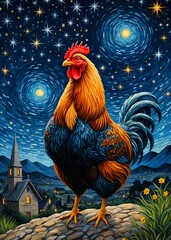 Chicken Starry Night, painting illustration starry sky, decoration wall art, 