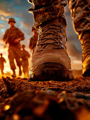 A close-up of a soldier's boot in a muddy terrain as fellow soldiers march in the background during sunset.