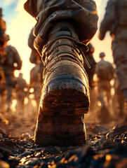 A close-up of a soldier's boot stepping through mud, symbolizing resilience and determination in a gritty environment.