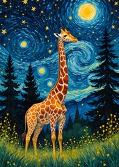 Giraffe Starry Night, painting illustration starry sky, decoration wall art,