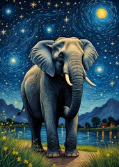 Elephant Starry Night, painting illustration starry sky, decoration wall art,