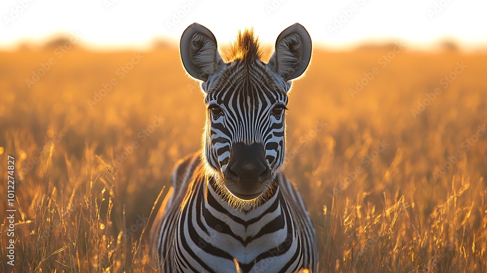 Poster a zebra stands in a field of tall grass, looking directly at the camera with the setting sun in the 