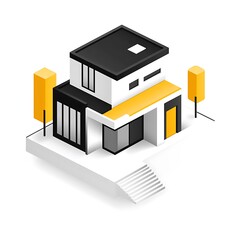 Modern isometric house with black roof and yellow accents. Simple building design for architectural illustration, property brochure, or real estate advertising