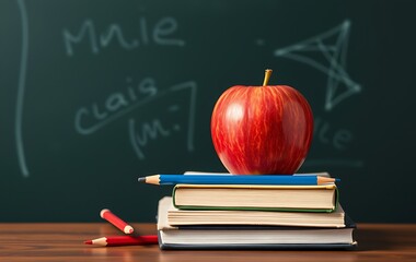 apple on books with pencils and empty blackboard - back to school
