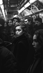 young woman stands in crowded subway train, her serious expression reflecting the busy, focused, anxious energy of commuters during morning rush hour in bustling city