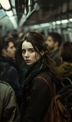 Fototapeta premium young woman stands in crowded subway train, her serious expression reflecting the busy, focused, anxious energy of commuters during morning rush hour in bustling city