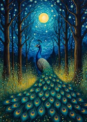 Peacock Starry Night, painting illustration starry sky, decoration wall art,