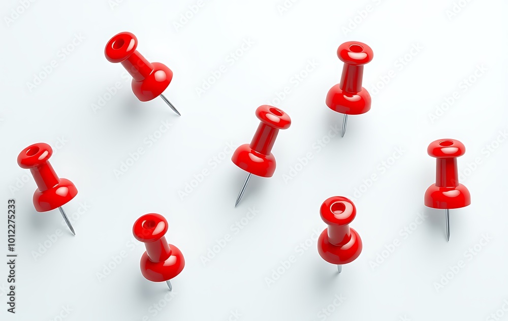 Poster red pushpin top view. thumbtack for note attach collection. realistic 3d push pins pinned in differe