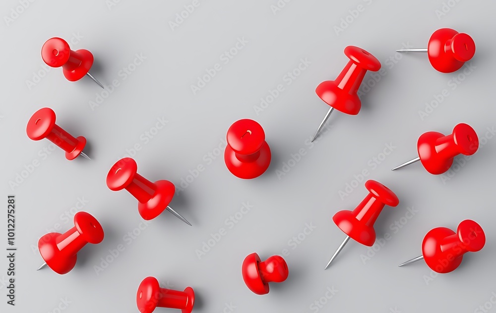 Poster red pushpin top view. thumbtack for note attach collection. realistic 3d push pins pinned in differe