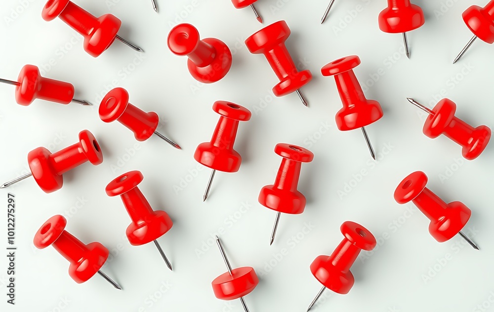 Poster red pushpin top view. thumbtack for note attach collection. realistic 3d push pins pinned in differe