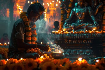 Nepali Tihar Celebration with Lakshmi Statue and Oil Lamp Ritual in Soft Glow Lighting