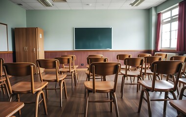 Empty classroom with vintage tone wooden chairs. Back to school concept.
