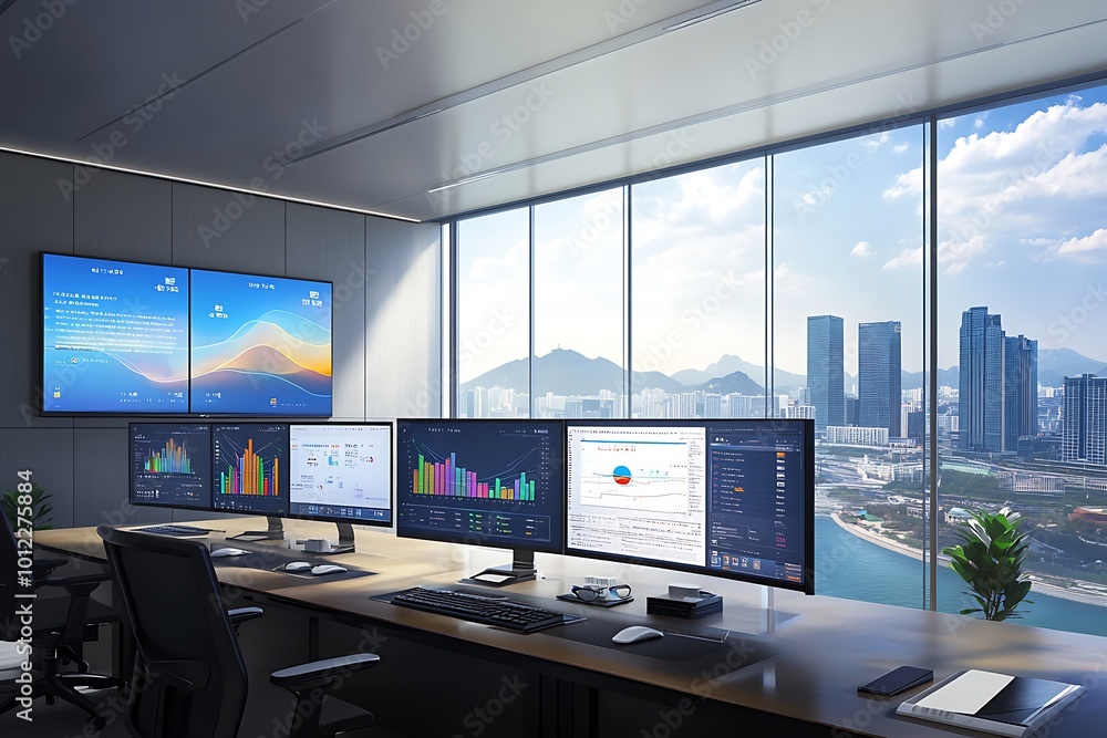 Poster Modern office desk with multiple computer monitors and city view through large window.