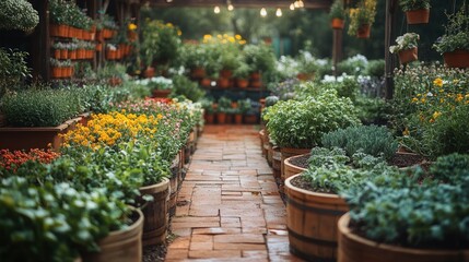 A brick pathway lined with rows of potted plants in a greenhouse.