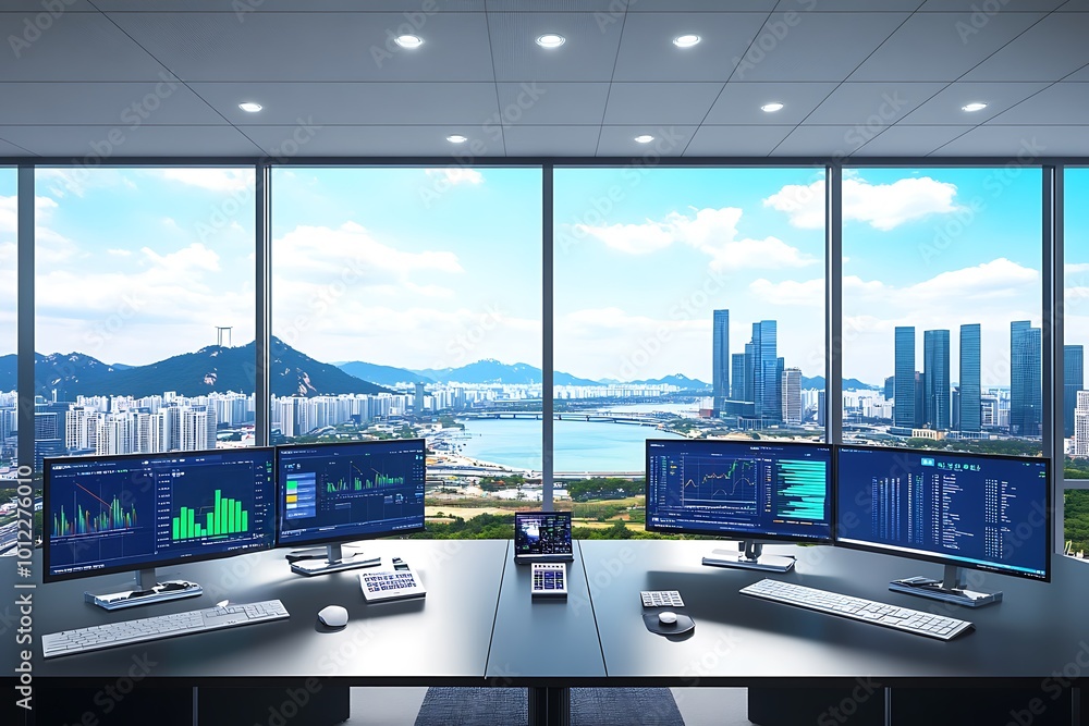 Poster modern office with city view and multiple monitors for financial data analysis.