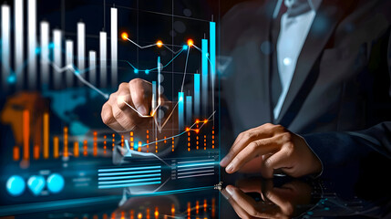 Businessman analyses financial data on a futuristic digital interface